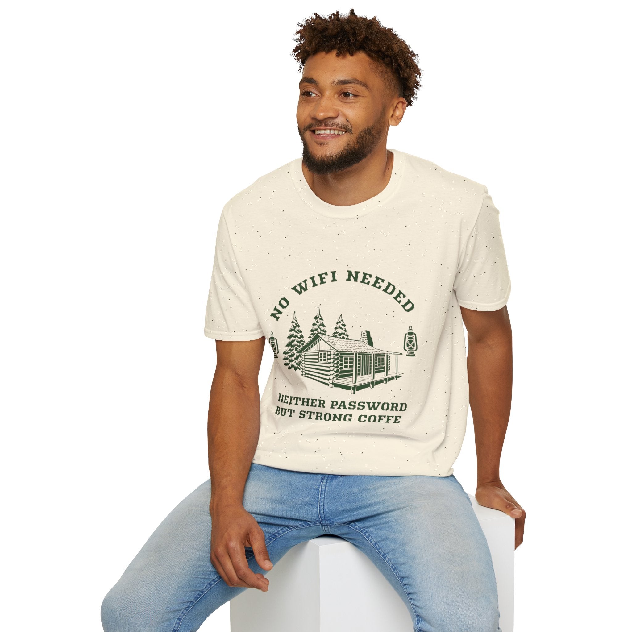 Cabin Life T-Shirt — "No WiFi Needed, Neither Password But Strong Coffee" Rustic Camping Tee