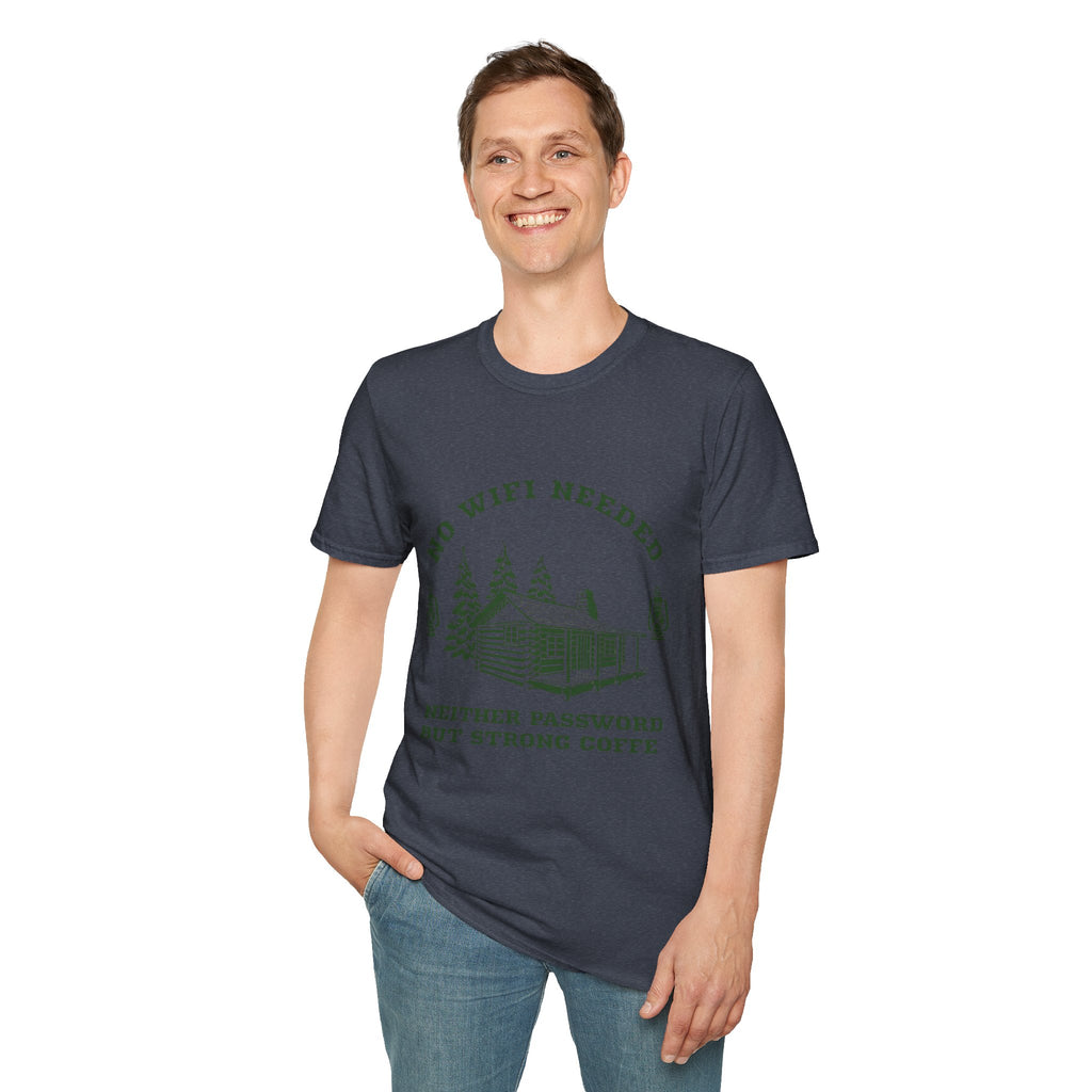 Cabin Life T-Shirt — "No WiFi Needed, Neither Password But Strong Coffee" Rustic Camping Tee