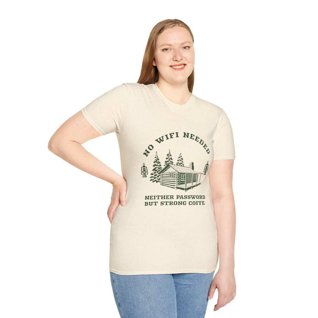 Cabin Life T-Shirt — "No WiFi Needed, Neither Password But Strong Coffee" Rustic Camping Tee