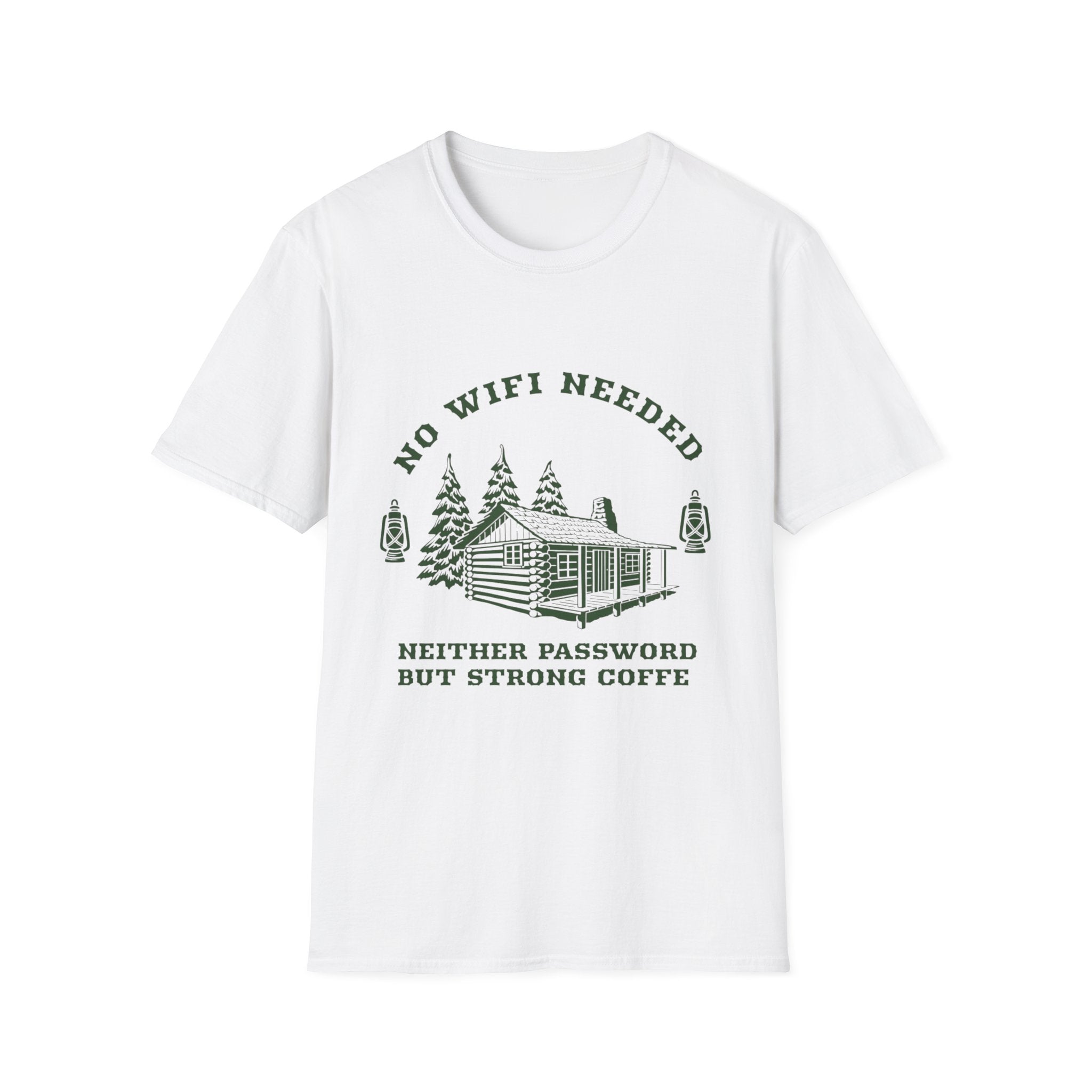 Cabin Life T-Shirt — "No WiFi Needed, Neither Password But Strong Coffee" Rustic Camping Tee