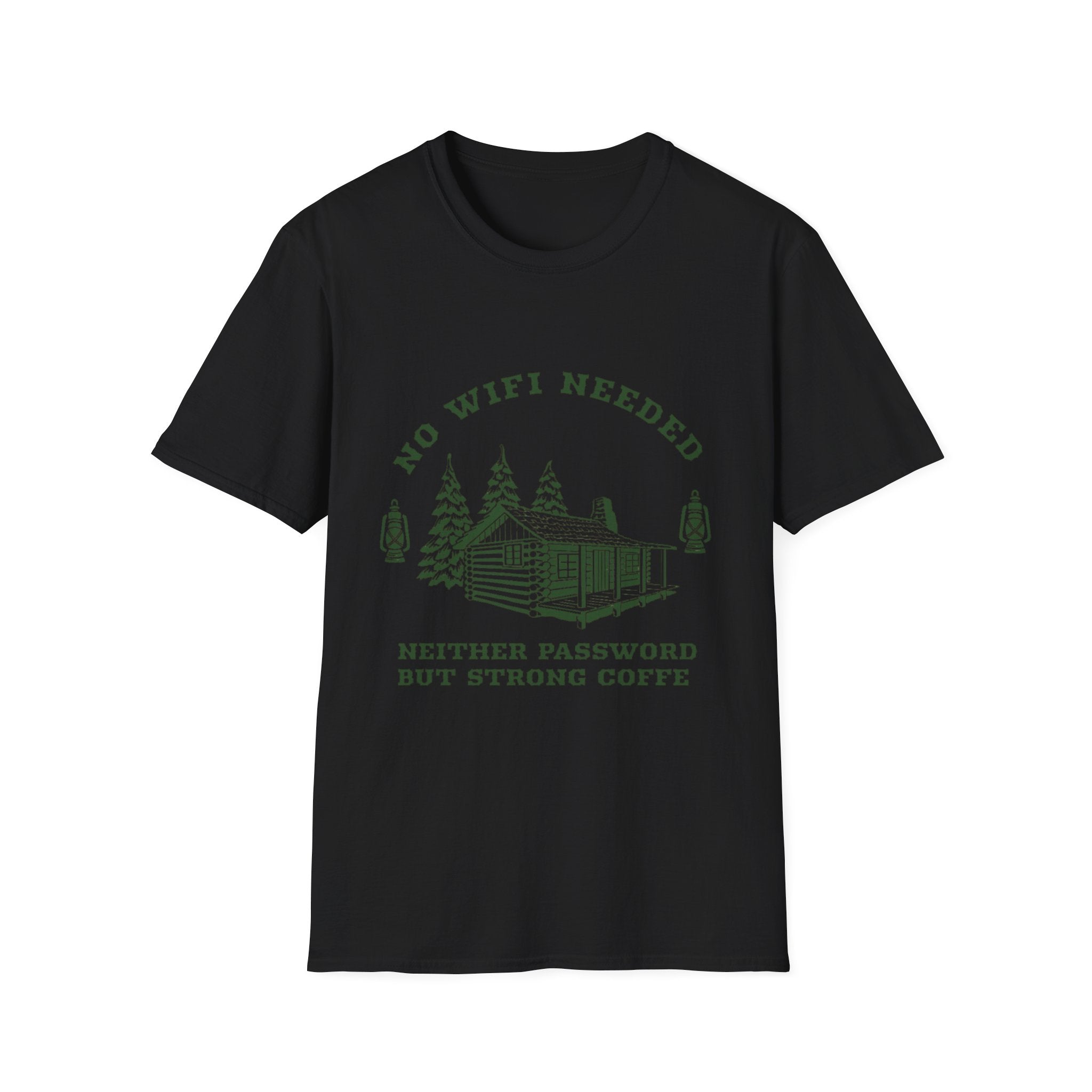Cabin Life T-Shirt — "No WiFi Needed, Neither Password But Strong Coffee" Rustic Camping Tee