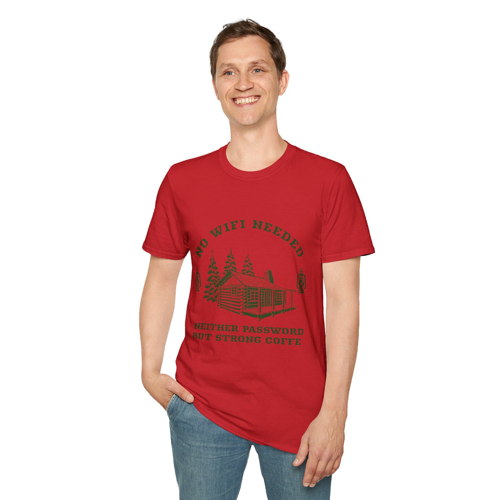 Cabin Life T-Shirt — "No WiFi Needed, Neither Password But Strong Coffee" Rustic Camping Tee