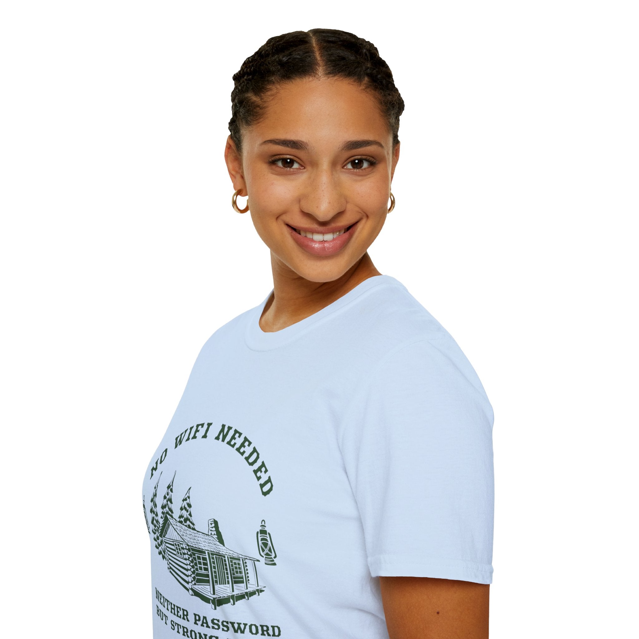 Cabin Life T-Shirt — "No WiFi Needed, Neither Password But Strong Coffee" Rustic Camping Tee