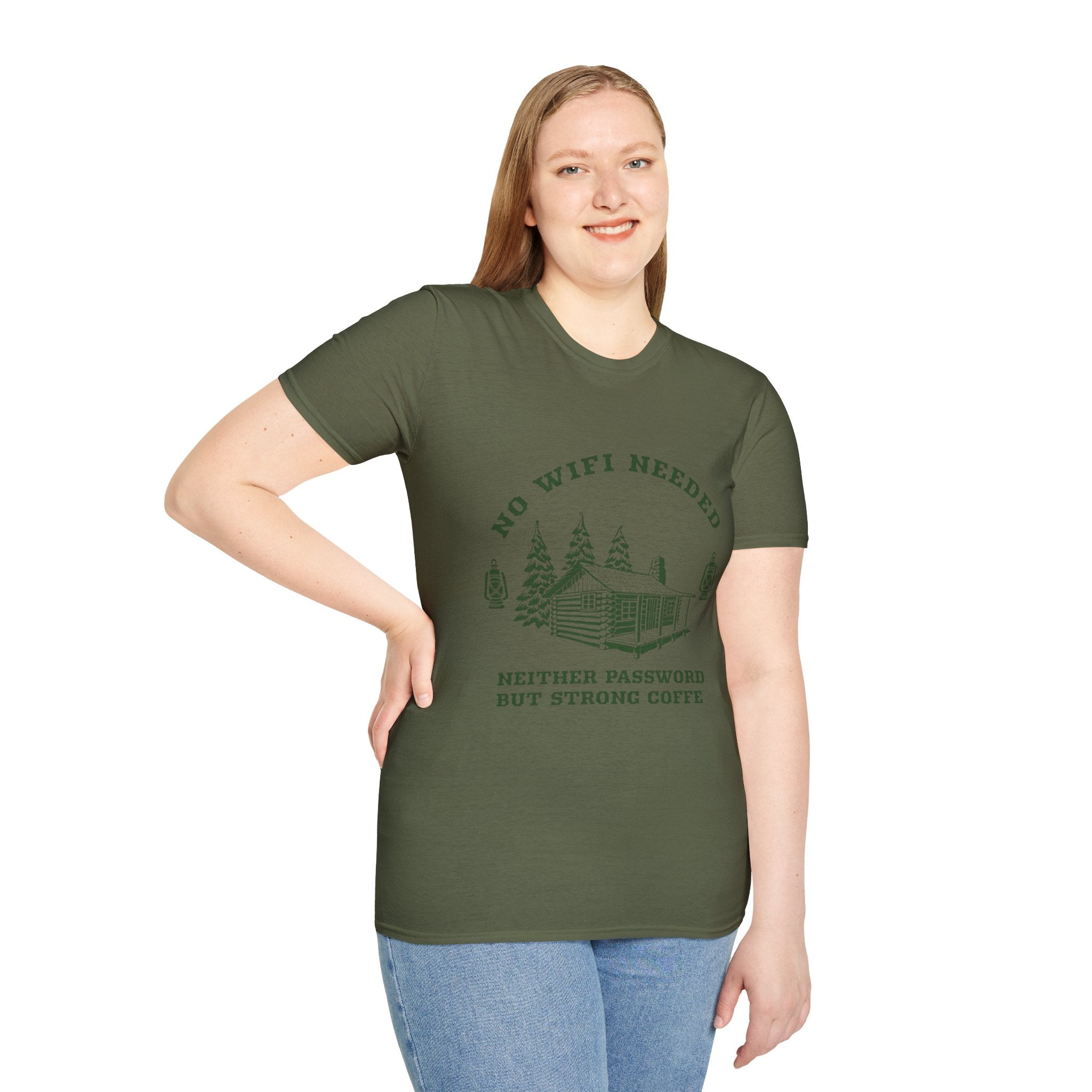 Cabin Life T-Shirt — "No WiFi Needed, Neither Password But Strong Coffee" Rustic Camping Tee