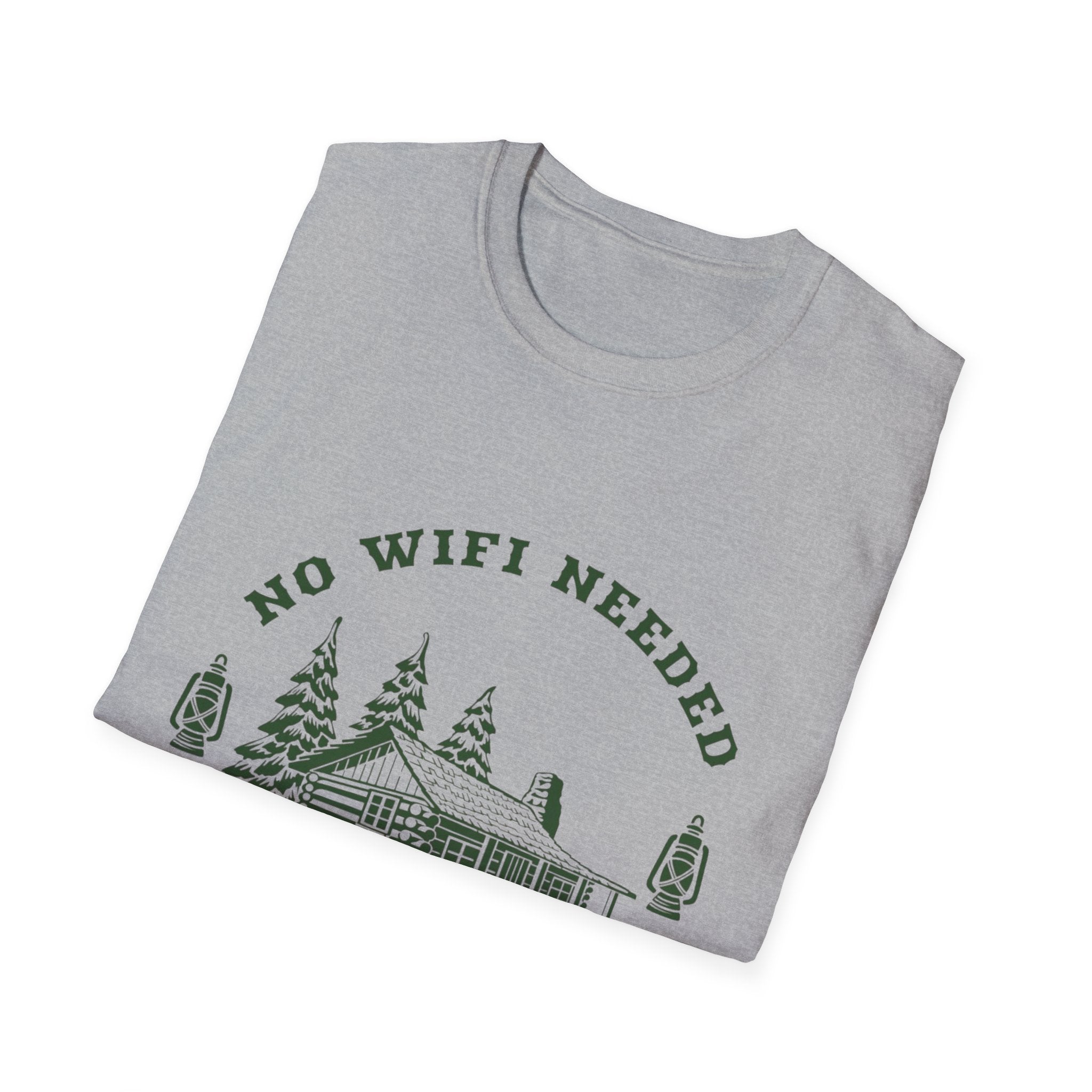 Cabin Life T-Shirt — "No WiFi Needed, Neither Password But Strong Coffee" Rustic Camping Tee