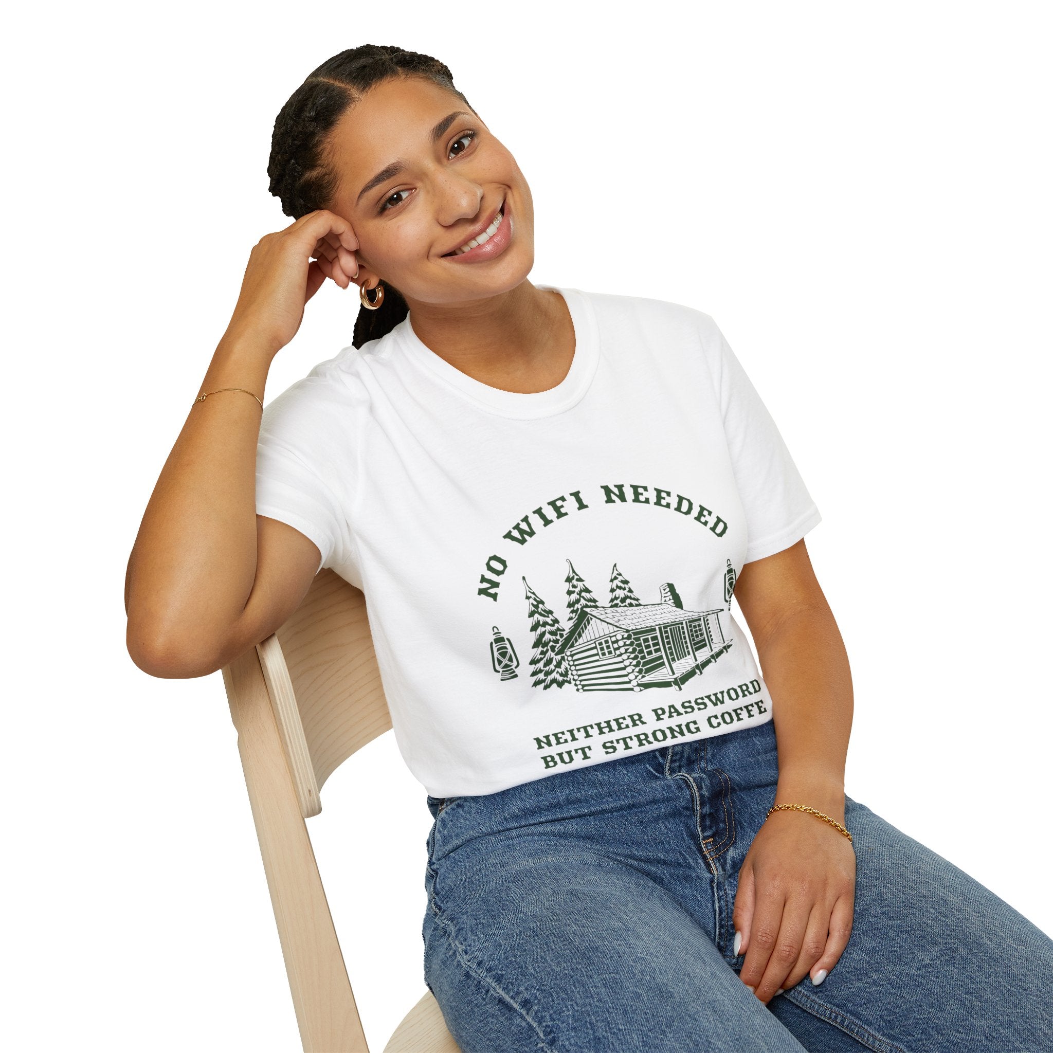 Cabin Life T-Shirt — "No WiFi Needed, Neither Password But Strong Coffee" Rustic Camping Tee
