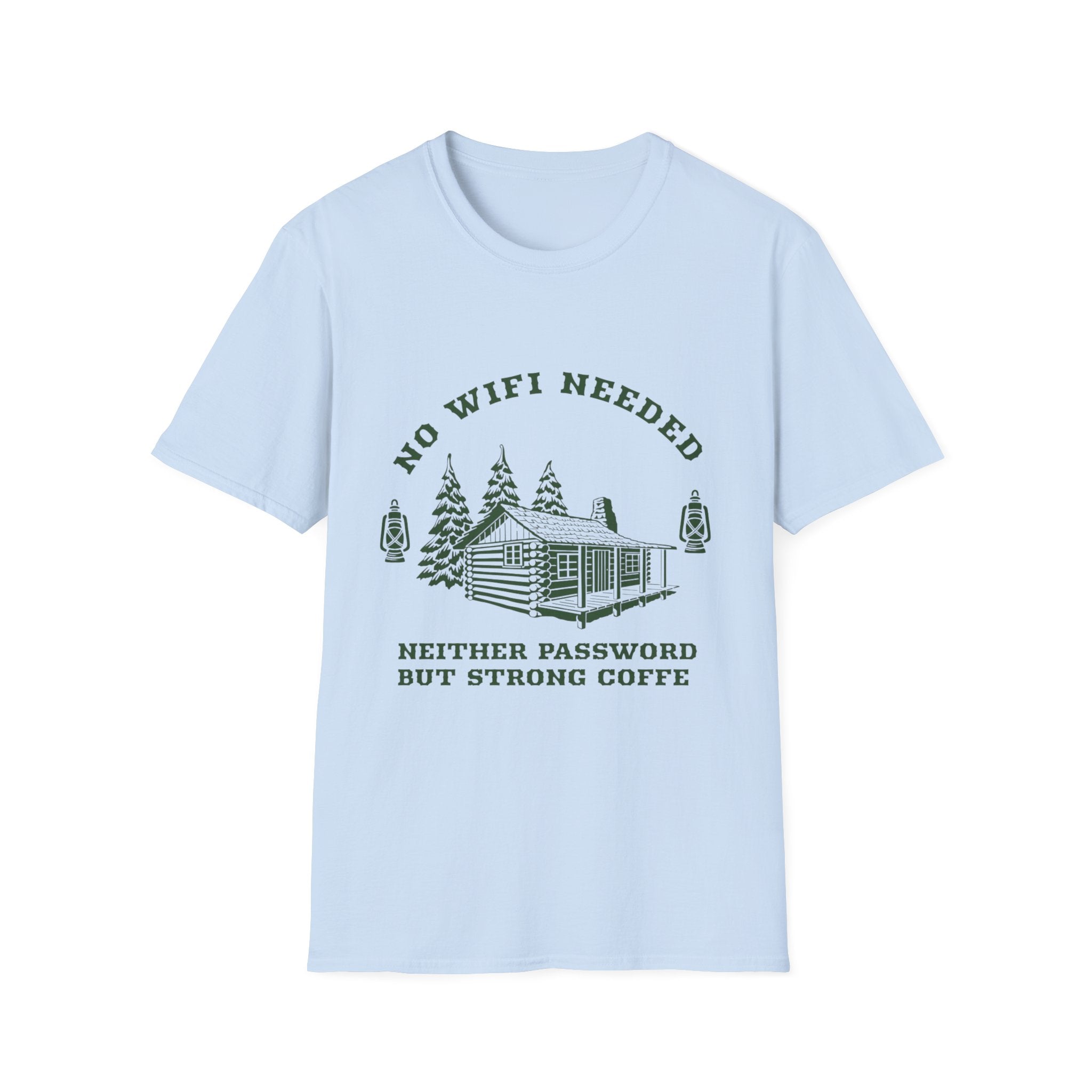 Cabin Life T-Shirt — "No WiFi Needed, Neither Password But Strong Coffee" Rustic Camping Tee