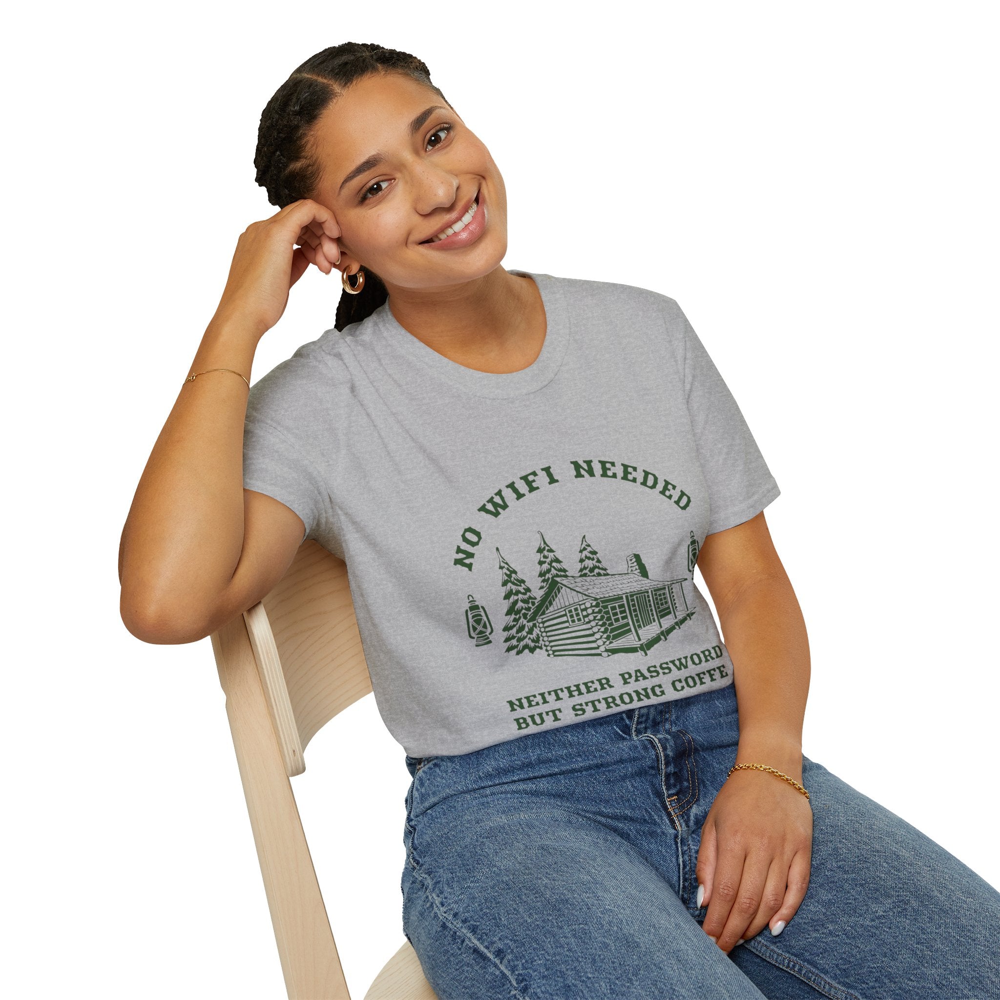Cabin Life T-Shirt — "No WiFi Needed, Neither Password But Strong Coffee" Rustic Camping Tee