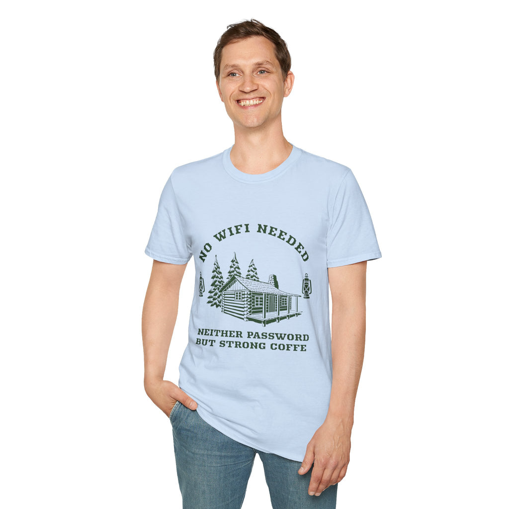 Cabin Life T-Shirt — "No WiFi Needed, Neither Password But Strong Coffee" Rustic Camping Tee